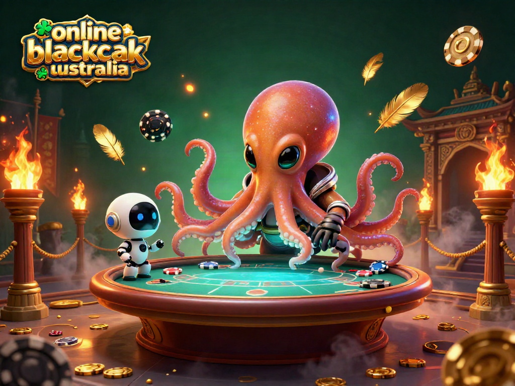Engage in online blackjack Australia with a unique scene featuring a space octopus at a holographic poker table.