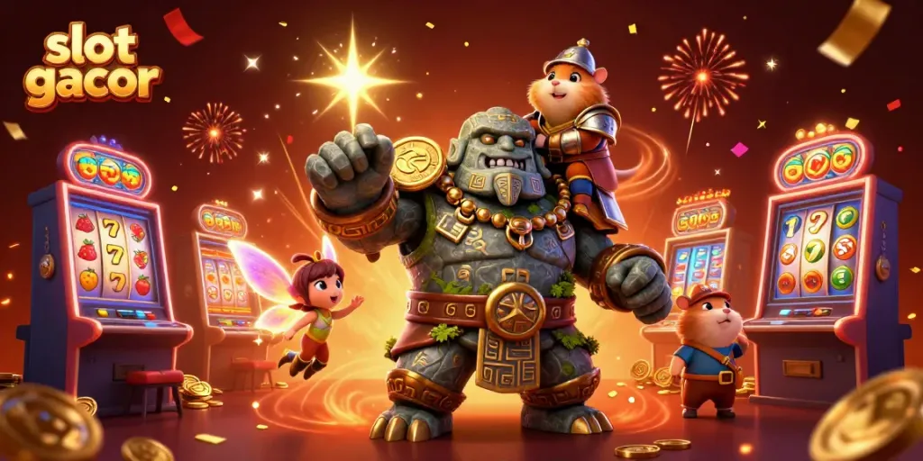 Experience slot gacor with magical golem and fairy amidst vibrant slot machines.