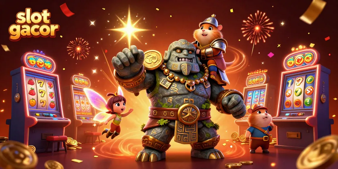 Experience slot gacor with magical golem and fairy amidst vibrant slot machines.