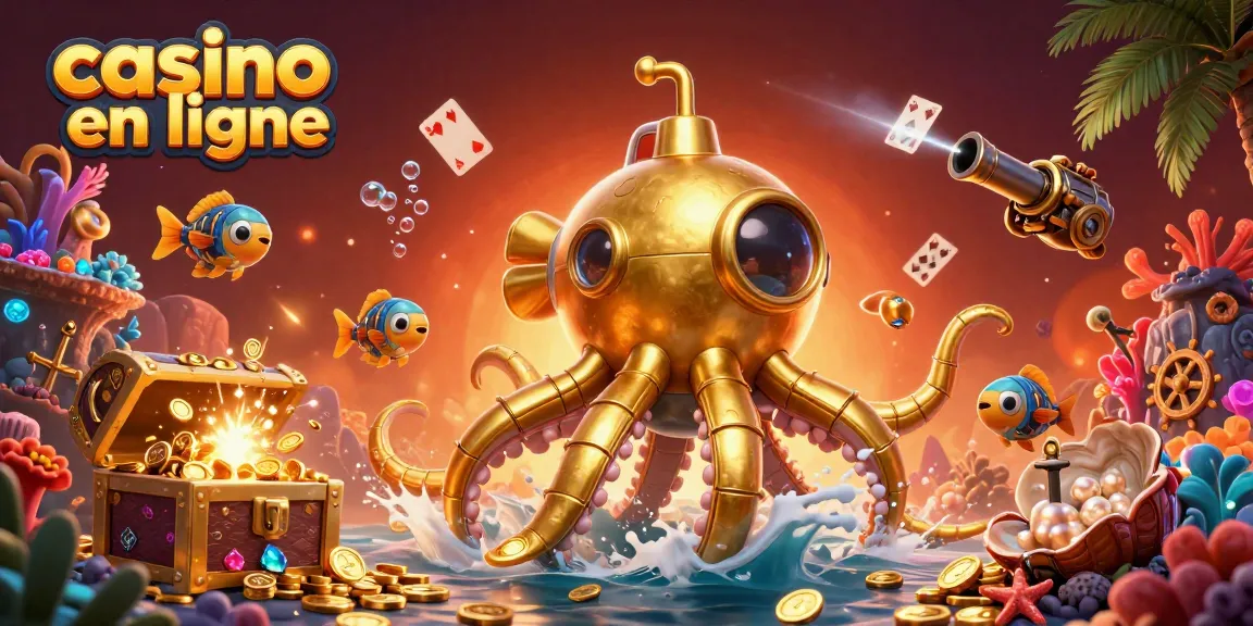 Plongez dans l'univers captivant des jeux de casino en ligne avec ce kraken doré, entouré de trésors.