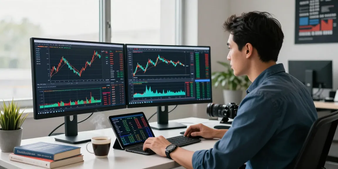 在流畅的交易环境中，交易员使用TradingView分析股票和加密货币趋势，背景是现代化办公室。