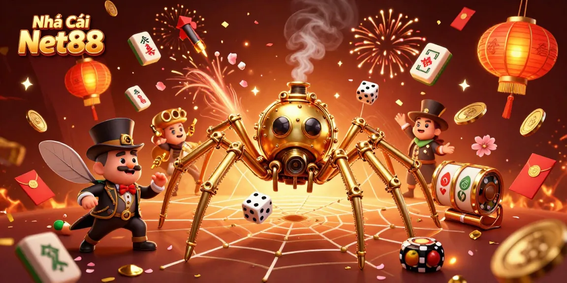Engage with Nhà cái Net88 through a vibrant 3D illustration featuring lively characters and festive casino elements.