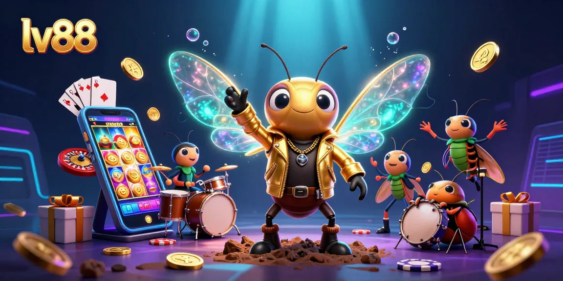 Engage with lv88's vibrant online gaming scene featuring animated rock stars and casino elements.