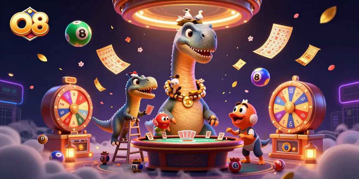 Experience exciting casino gameplay at O8 with colorful lottery balls and energetic characters.