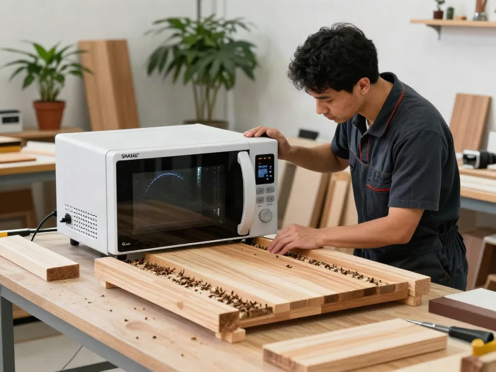 SHASHEL® microwave treatment in a modern workshop for eliminating wood-boring insects.