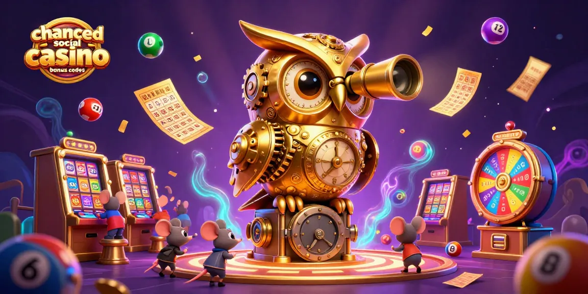Engage with chanced social casino bonus codes in a vibrant casino scene featuring unique characters and dynamic elements.