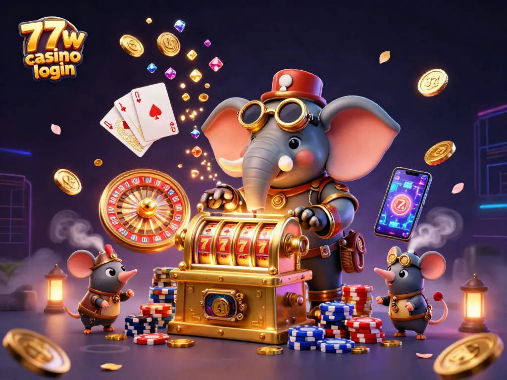 Experience the adventure of 77w casino login with a steampunk elephant operating a golden slot machine amidst riches.