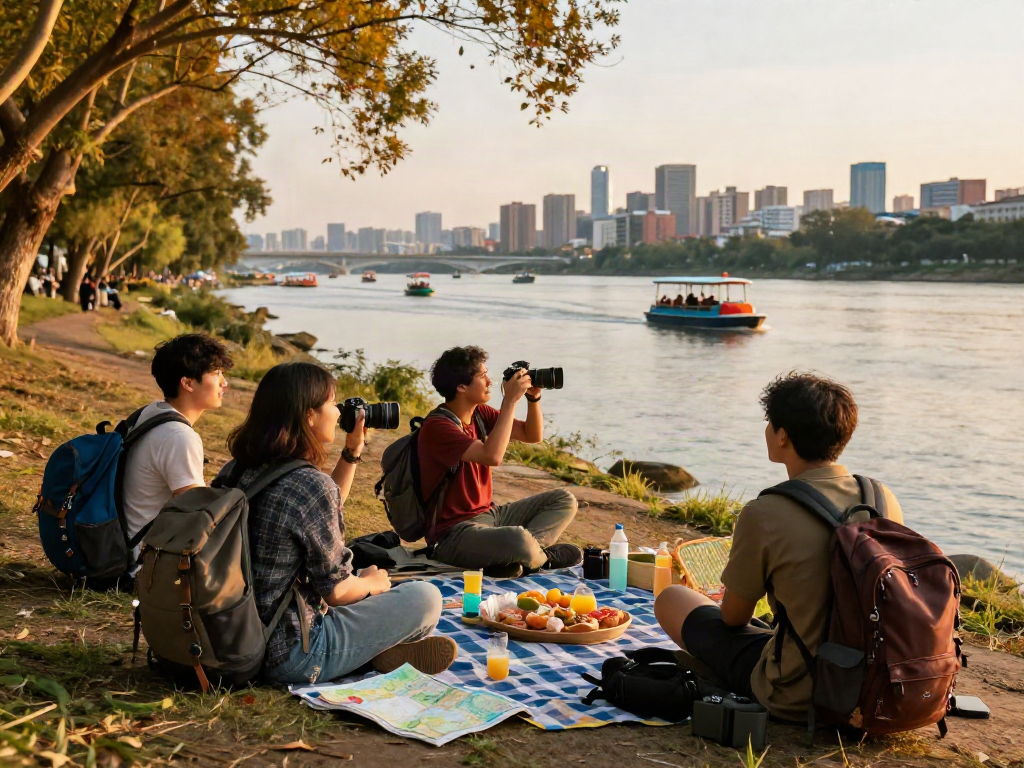Group of travelers enjoying riverside adventure with slot qris 5000 outdoors.