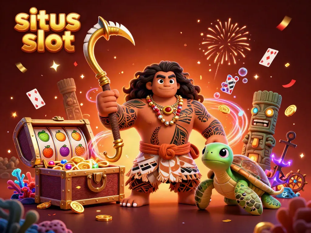 Ilustrasi penuh warna tentang situs slot dengan makhluk mitos dan simbol permainan yang menarik.
