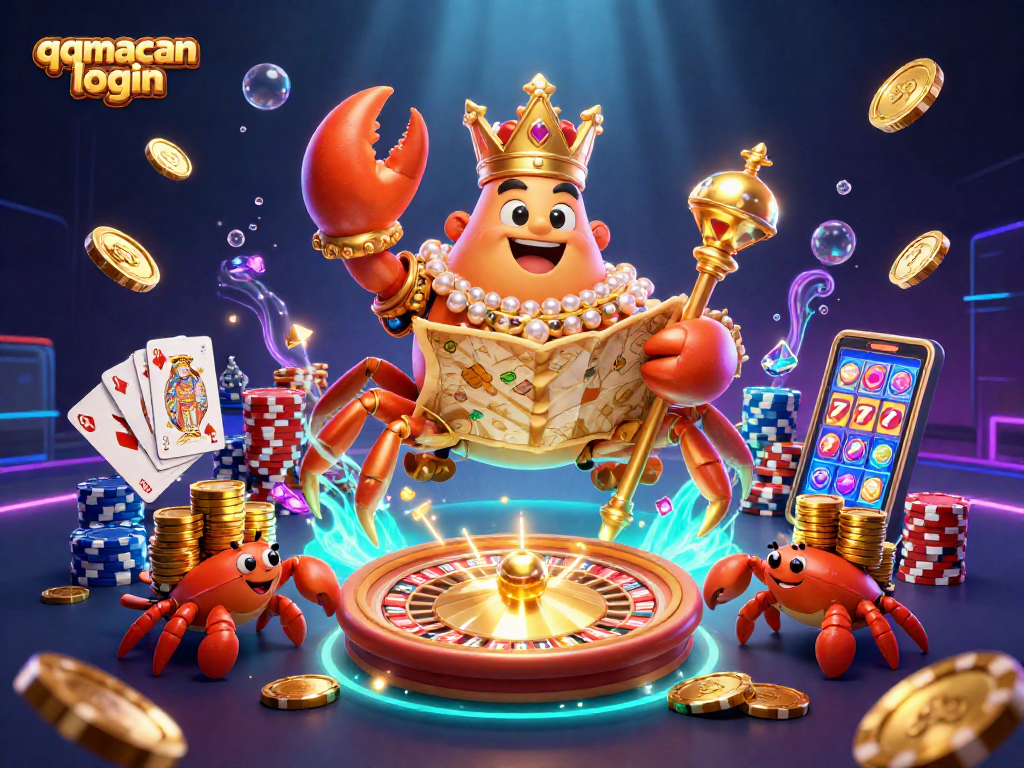 Play with the golden crab emperor as you engage in qqmacan login adventures, surrounded by treasures.