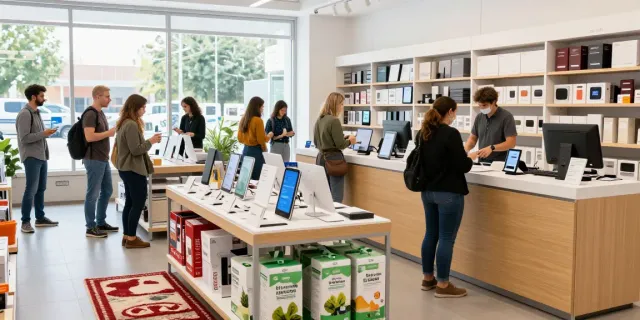 Shoppers exploring Shopsmart’s eco-friendly product selection in a modern retail space