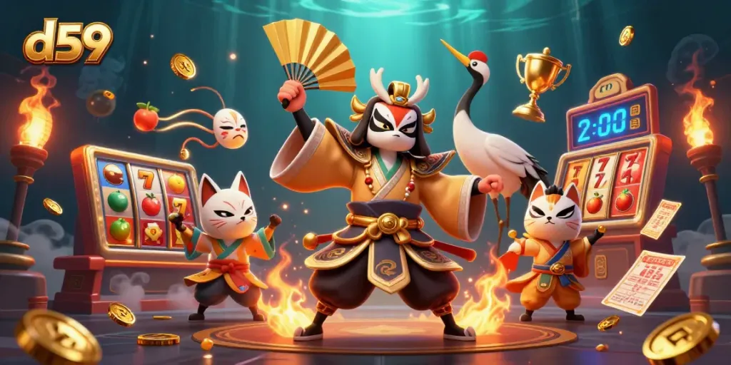 Grafik d59 menarik dengan karakter kabuki dan elemen slot berkilauan untuk perjudian online.