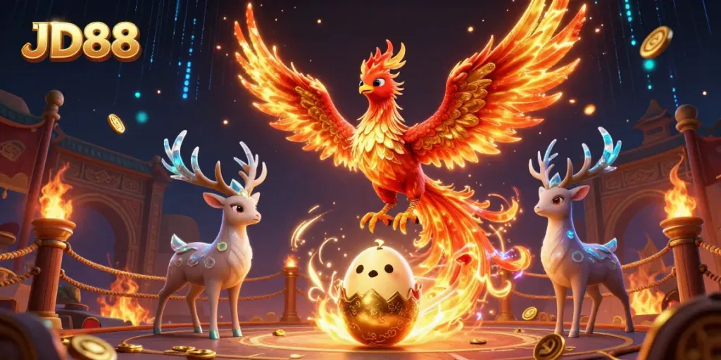 Engage with JD88's thrilling online gaming experience featuring vibrant casino elements and animated characters.