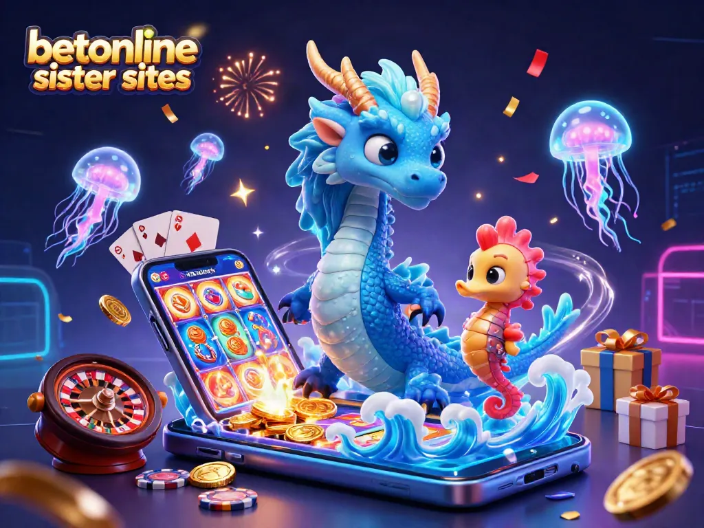 Play exciting games at betonline sister sites with a vibrant illustration of an azure dragon, knight, and jellyfish.