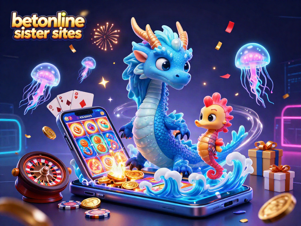 Play exciting games at betonline sister sites with a vibrant illustration of an azure dragon, knight, and jellyfish.