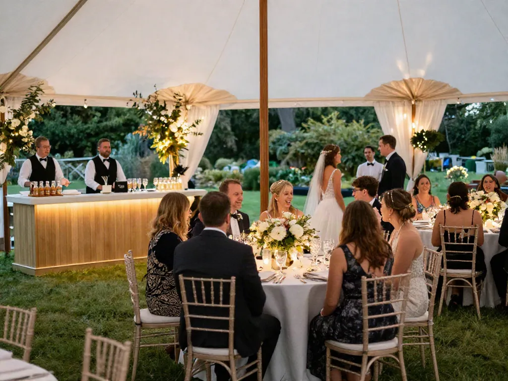 Event furniture rental setup for a stunning wedding reception with elegant tables and chairs.