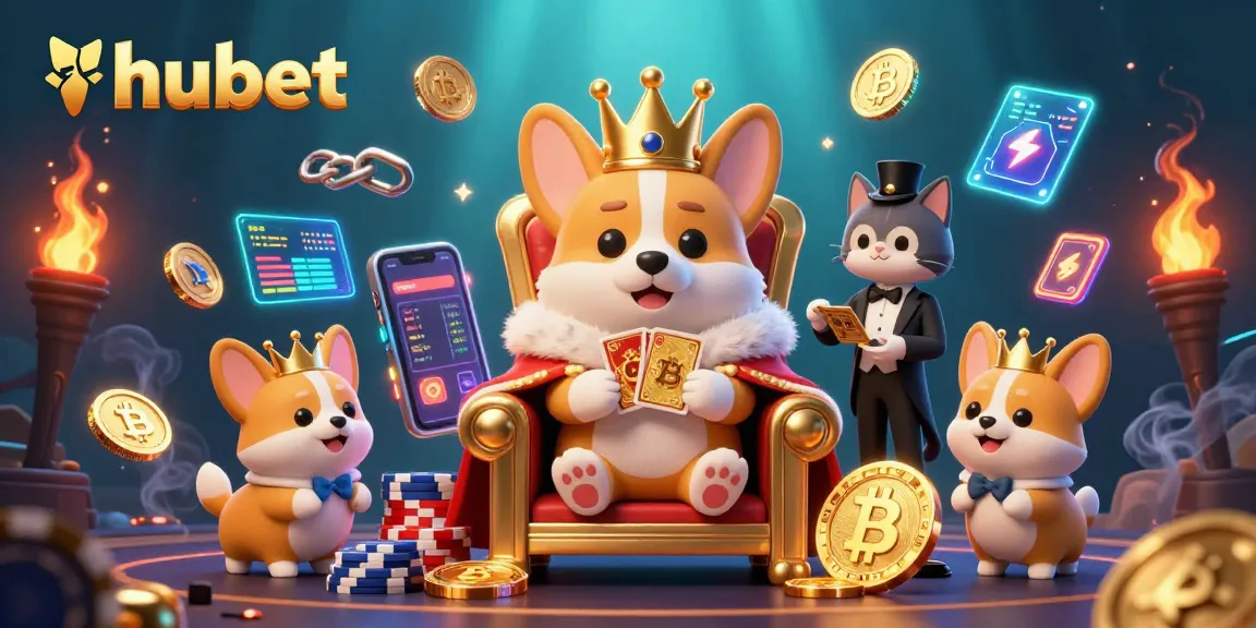Engage with hubet casino-themed illustration showcasing corgi royalty amidst vibrant crypto elements.