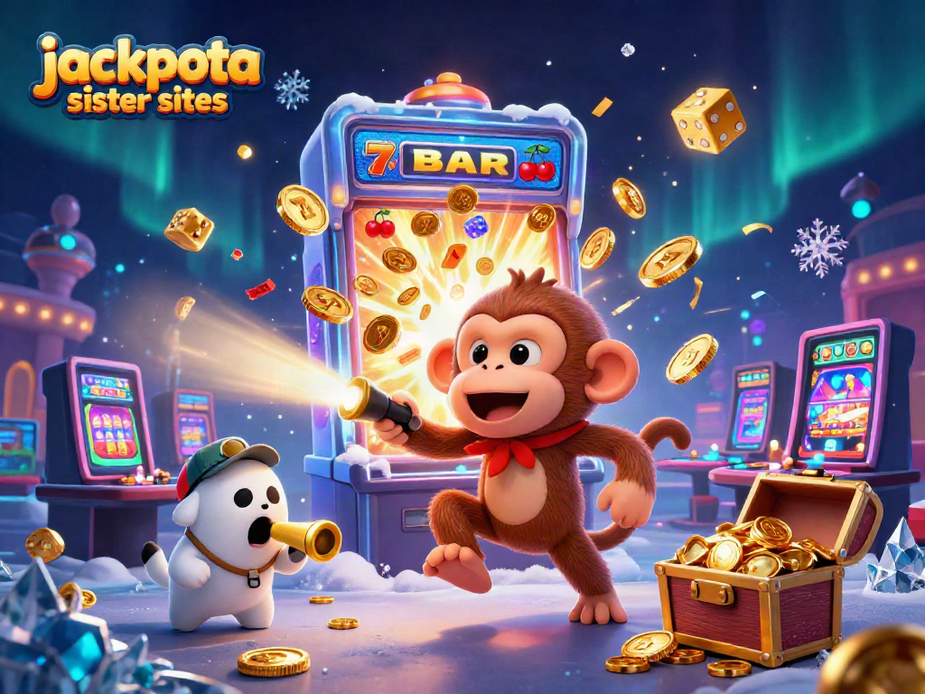 Engage with jackpota sister sites in a vibrant, dynamic gambling scene featuring playful characters and exciting game elements.