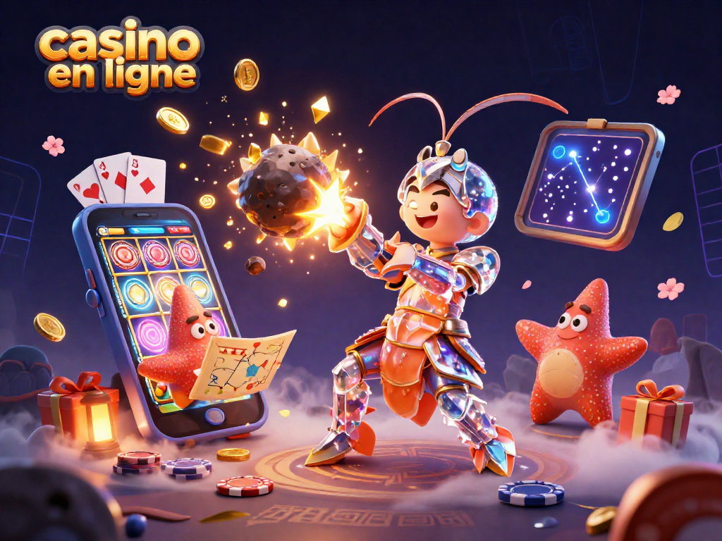 Casino en ligne : samouraï en armure explosive entouré de jeux de casino colorés.