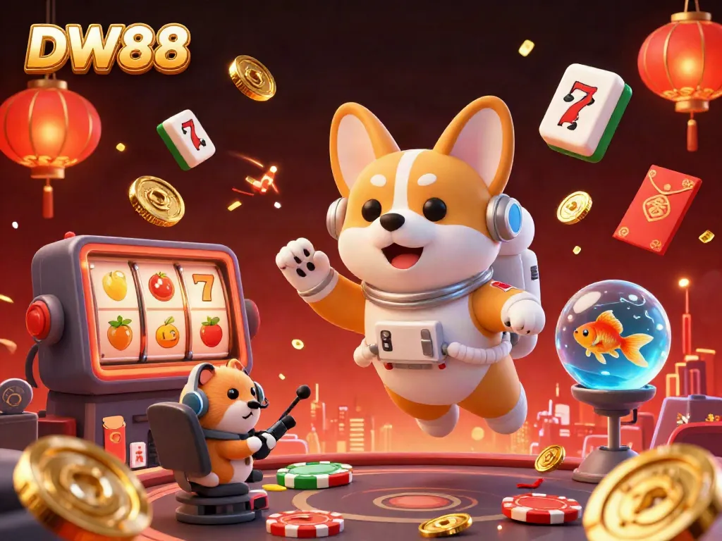 Engaging DW88 casino-themed scene featuring a floating astronaut corgi and vibrant gaming elements.