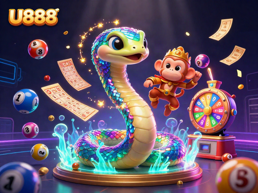 Engage with U888’s vibrant gaming world through colorful lottery elements and a captivating scene.