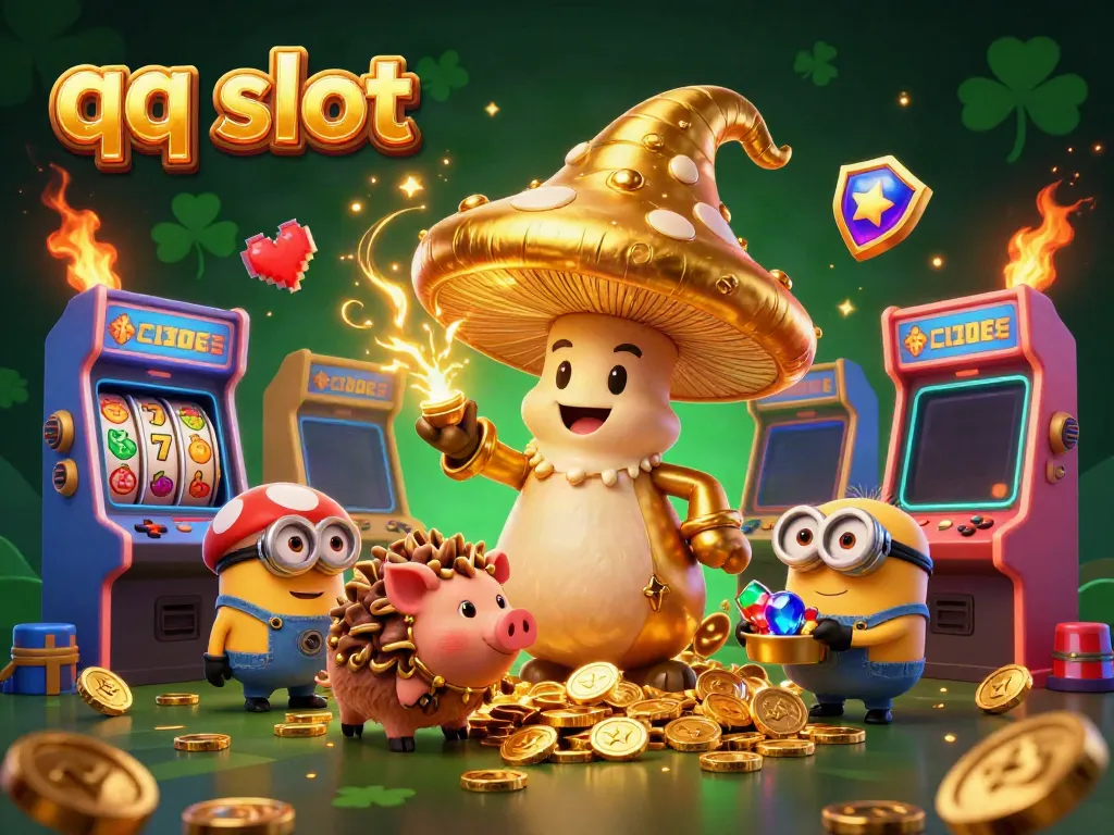 Engage with qq slot magic through a golden mushroom wizard and treasure-seeking pig amid vibrant casino imagery.