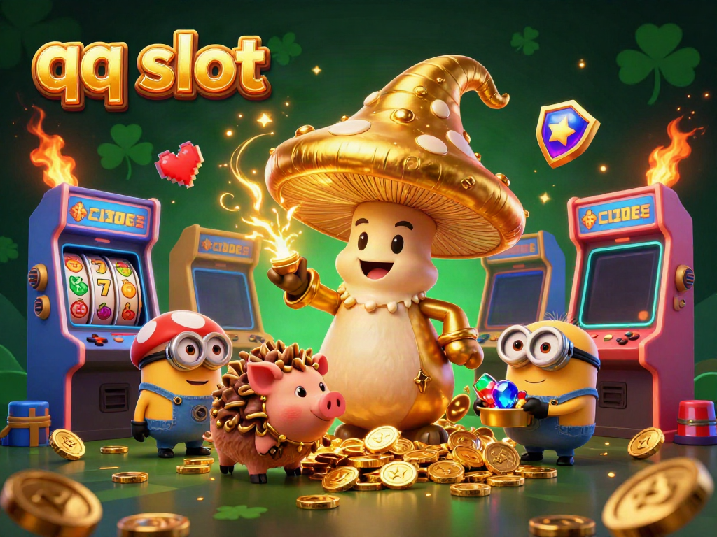 Engage with qq slot magic through a golden mushroom wizard and treasure-seeking pig amid vibrant casino imagery.