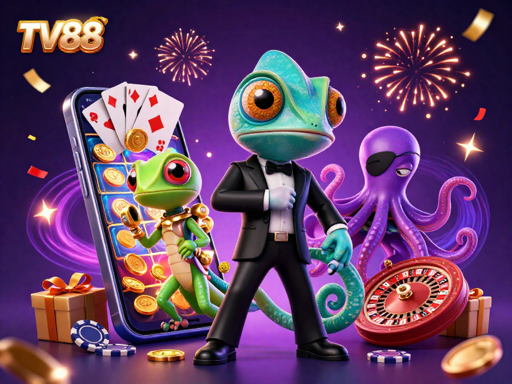 Experience thrilling games at TV88 with a vibrant scene featuring casino characters and exciting game elements.