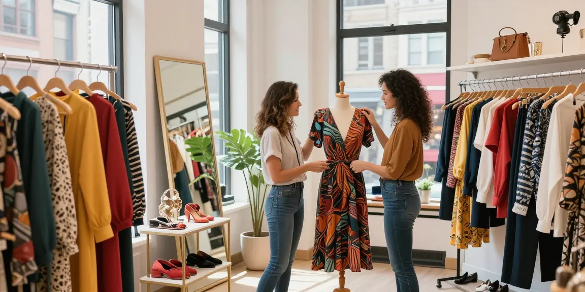 Consulente d'immagine aiuta cliente nella scelta di outfit colorati in boutique