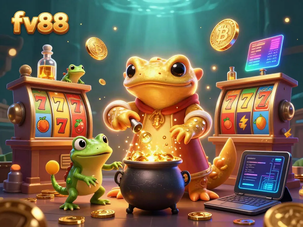 Experience the thrill of fv88's slots with vibrant scenes of golden alchemy and rich rewards.
