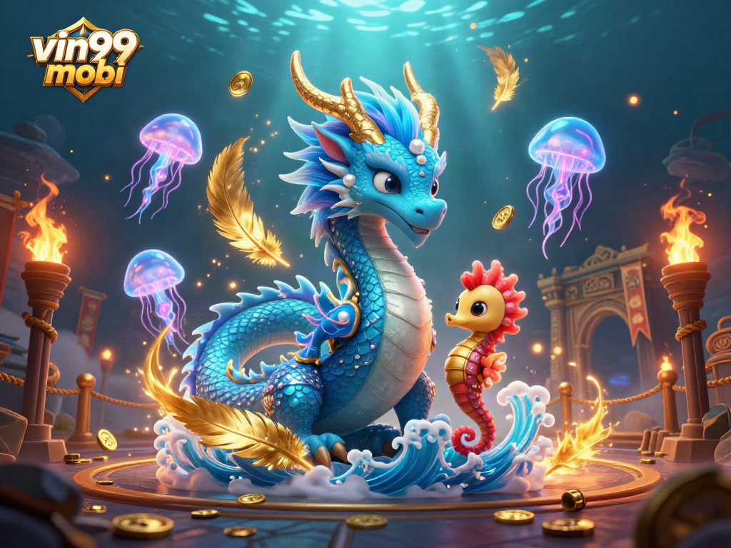 Experience thrilling gameplay with vin99 mobi featuring an azure water dragon and vibrant casino elements.