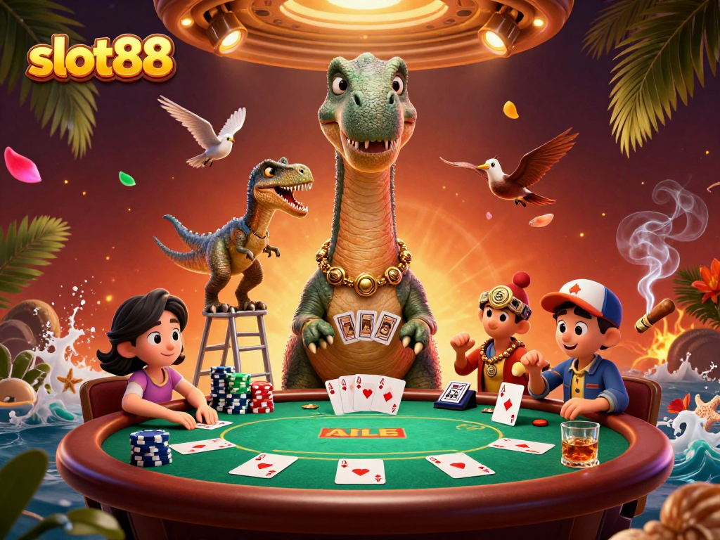 Engage with slot88 at a vibrant casino scene featuring a dinosaur dealer and dynamic game elements.