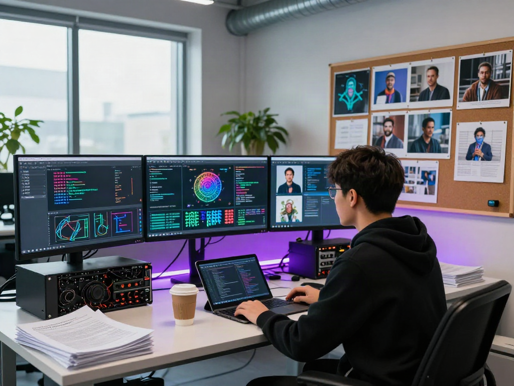 AI-Generated Image Detection analysis in a modern tech lab with monitors showing image comparisons.