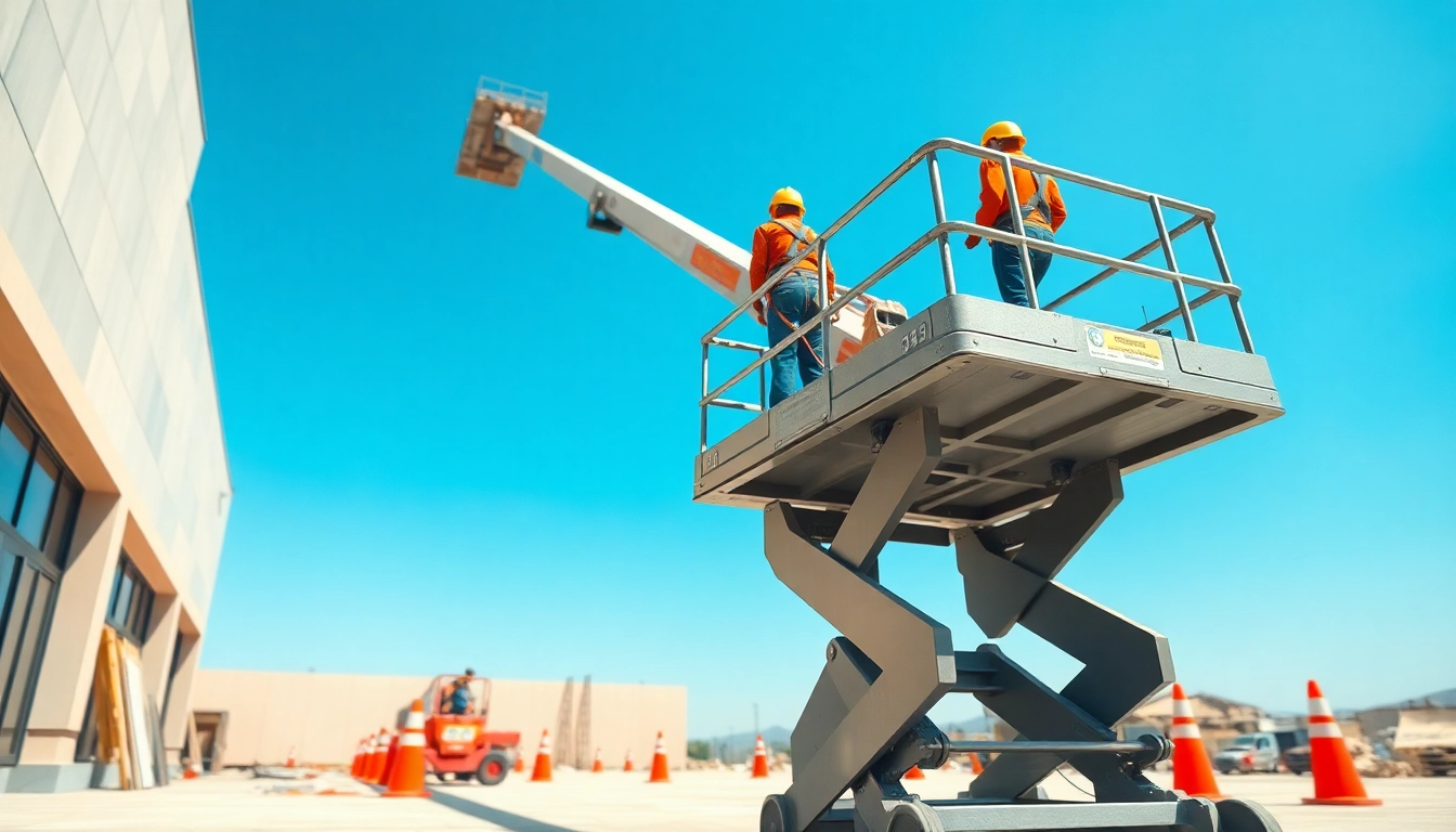 Workers operating a manlift to reach elevated construction areas safely.