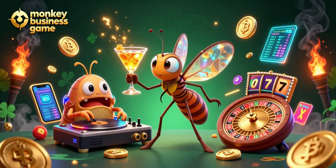 Engage with the monkey business game featuring a lively 3D illustration of a casino scene with vibrant characters.
