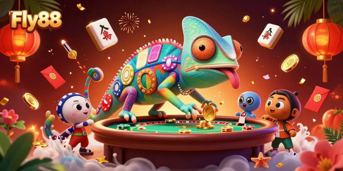 Join Fly88 with a colorful chameleon casino owner surrounded by festive Chinese decor and gaming elements.