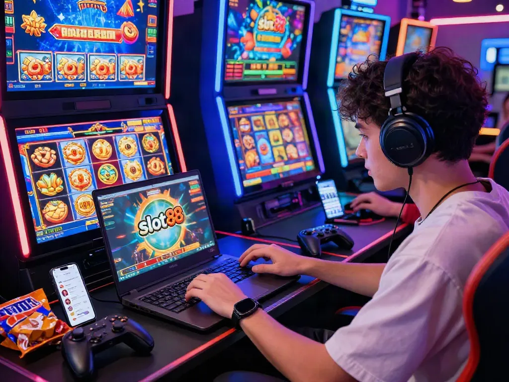 Pemain bermain slot88 online dengan logo di layar laptop, suasana gaming yang ceria dan ramai.