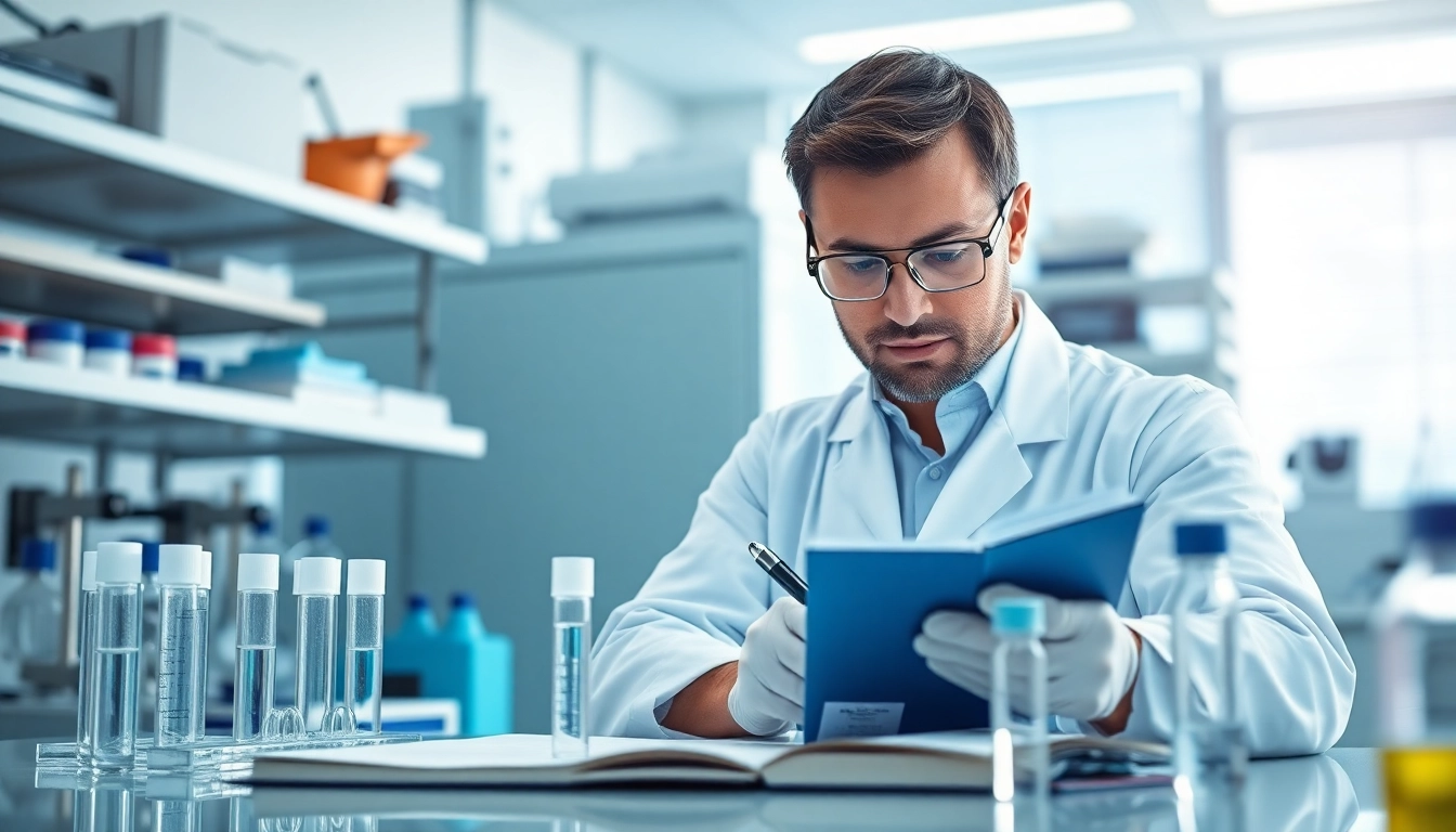 Researching amc peptide in a laboratory, showcasing advanced equipment and professional atmosphere.