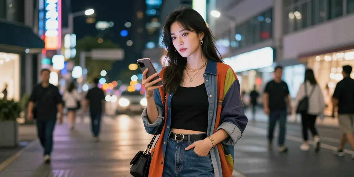 Gái gọi theo phong cách thời trang hiện đại giữa phố đêm lung linh ánh đèn.