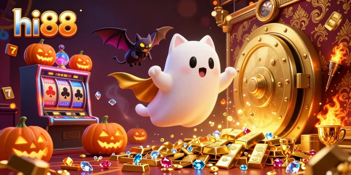 Experience thrilling gambling at hi88 with a 3D ghost cat and vibrant casino scene.