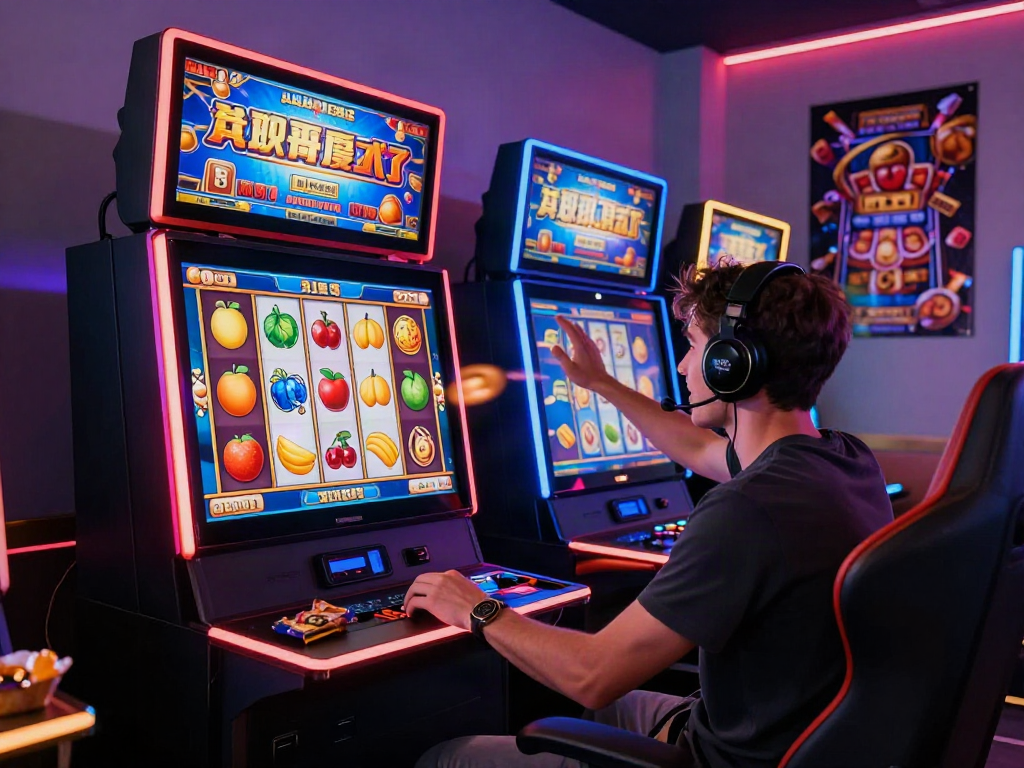 Slot777 permainan online dengan pemain bersemangat memutar gulungan, suasana kasino yang ceria.