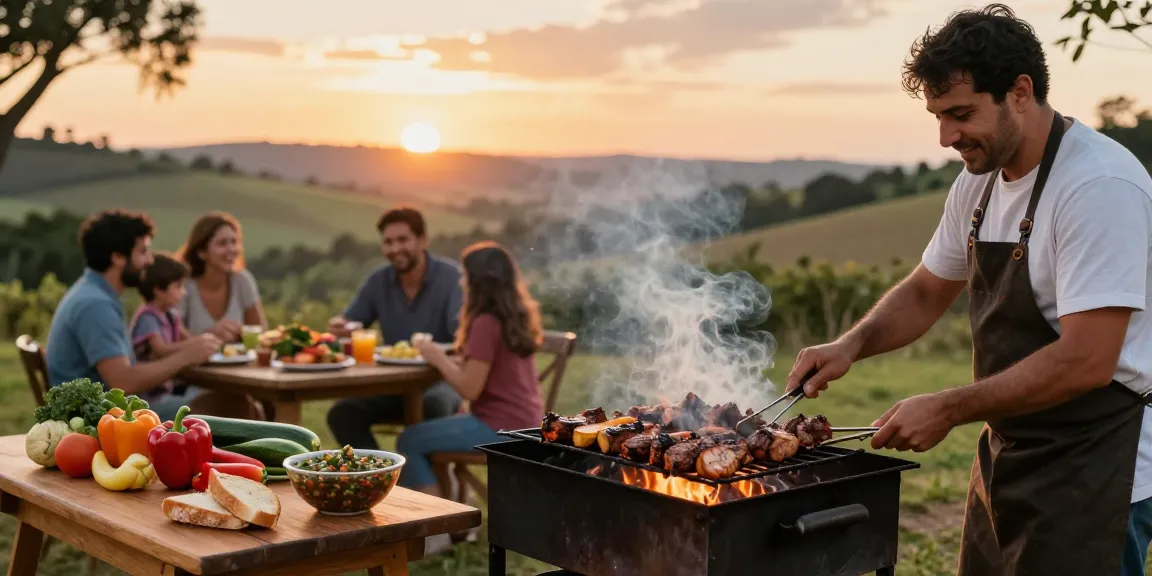 Best parrillada argentina near me with chef grilling meats outdoors at sunset.