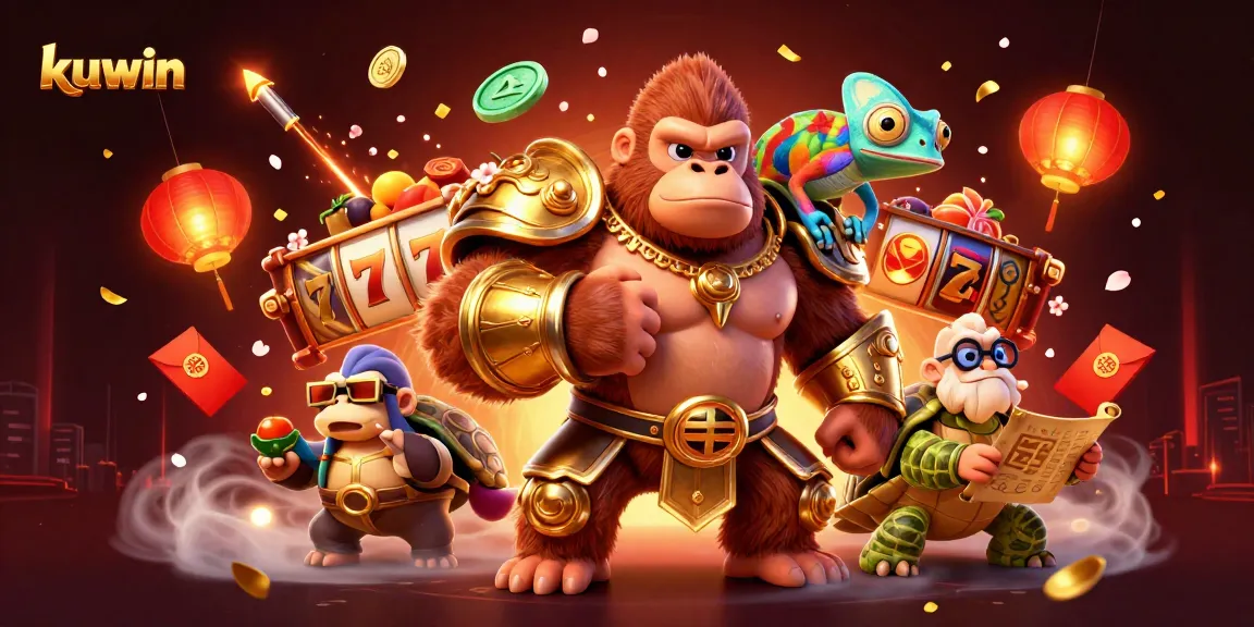 Kuwin players celebrate wins in a dynamic casino scene featuring vibrant characters and game elements.