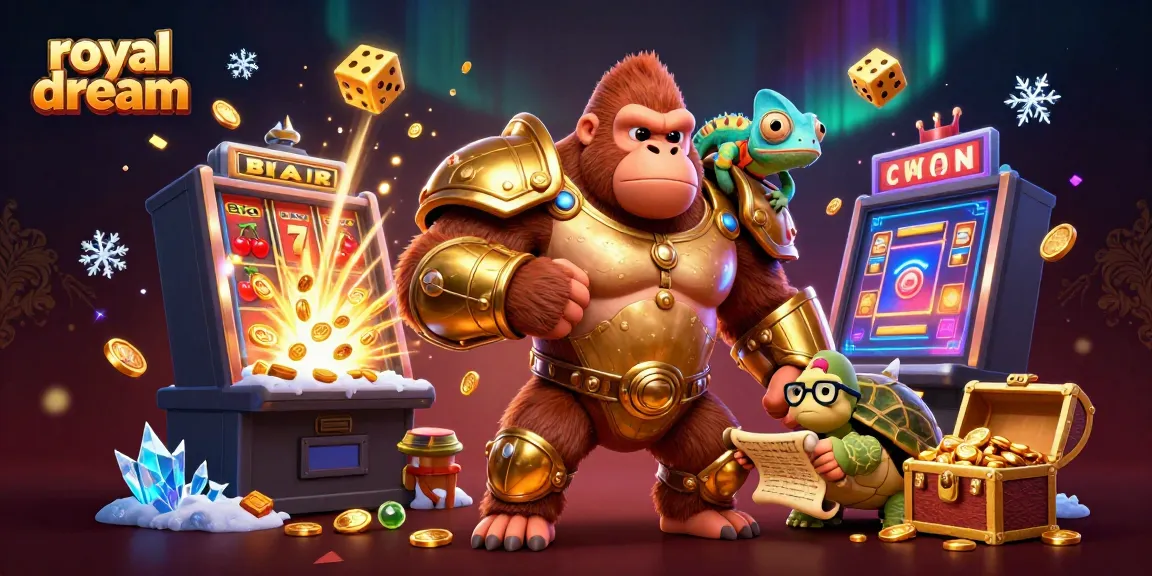 Koin Royal Dream mengalir dari mesin slot 3D, sementara karakter beraksi dinamis di latar belakang berkilau.
