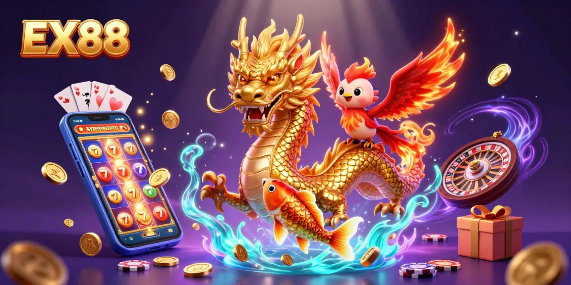 Experience thrilling gaming action with EX88, featuring a dynamic scene of a golden dragon and vibrant game elements.