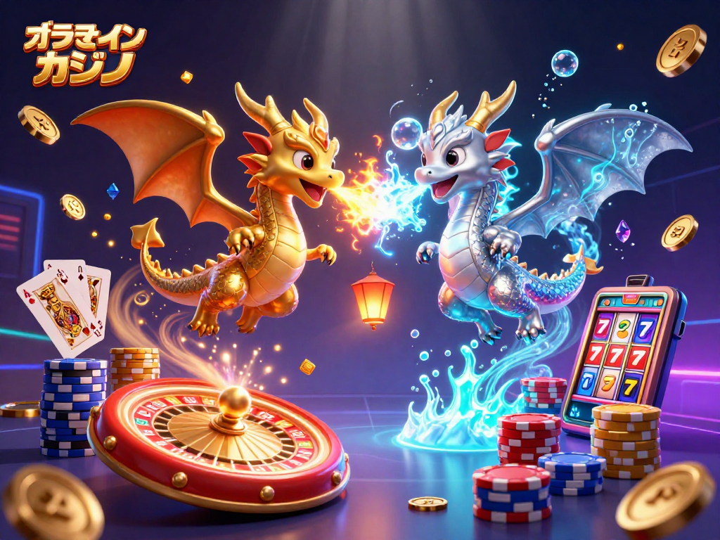 オンラインカジノで楽しむための美しい3Dイラスト、金と銀のドラゴンが対戦しています。