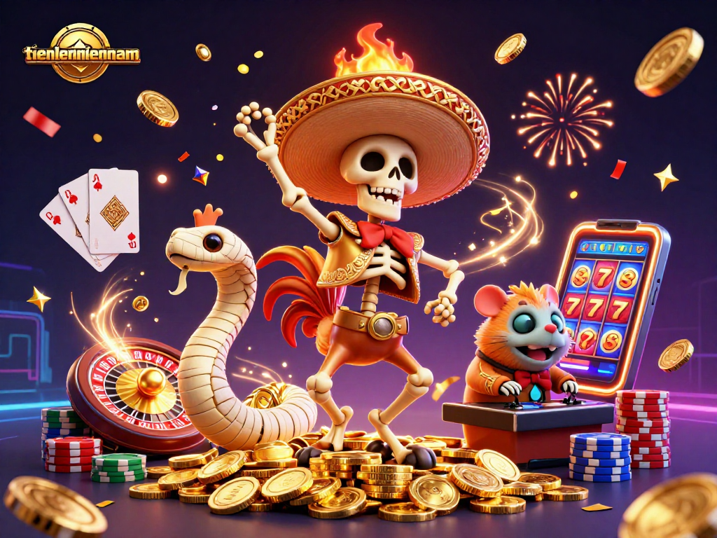 Experience thrilling wins with tienlenmiennam as a vibrant mariachi rooster dances on coins!