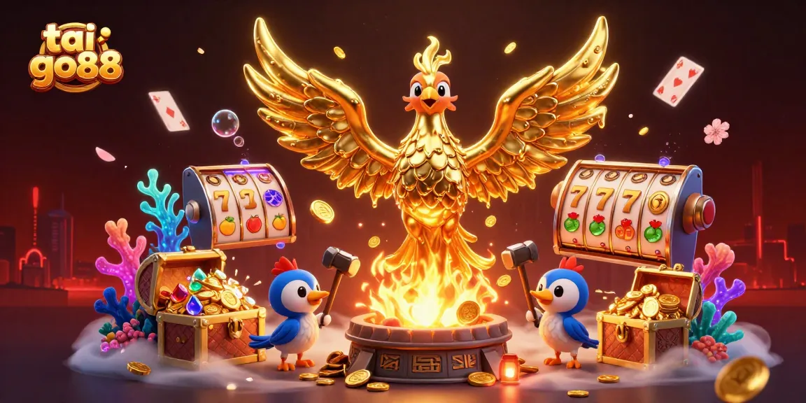 Experience the excitement of tai go88 with a golden phoenix and dynamic casino elements, showcasing rich gambling imagery and vibrant energy.