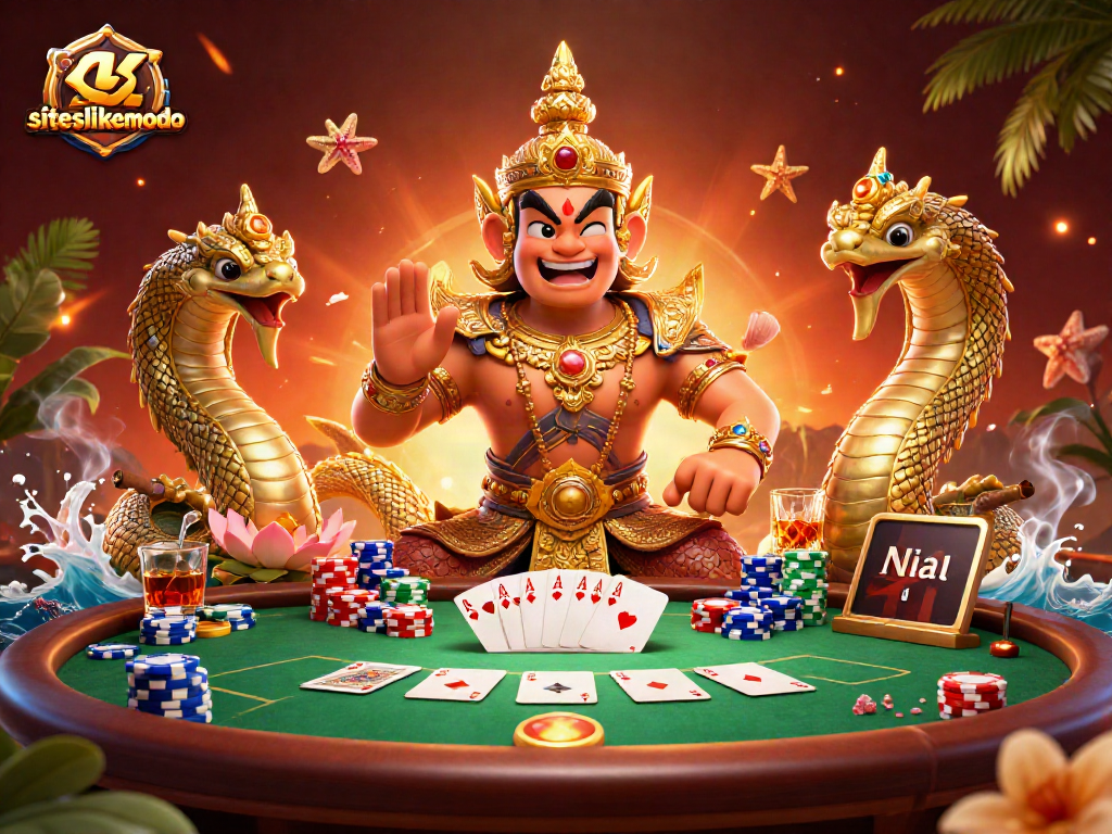 Play exciting poker action on siteslikemodo, featuring a 3D Thai guardian and vibrant casino elements.