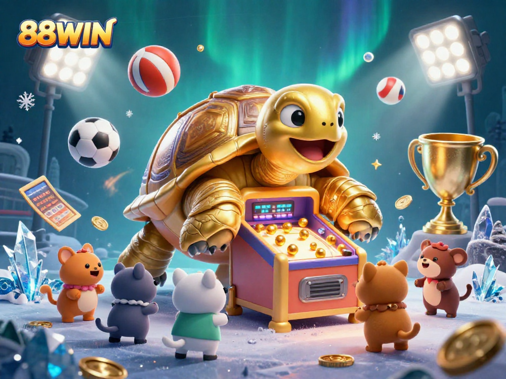 Engage with the thrilling 88WIN gaming illustration featuring energetic characters and vibrant sports elements.